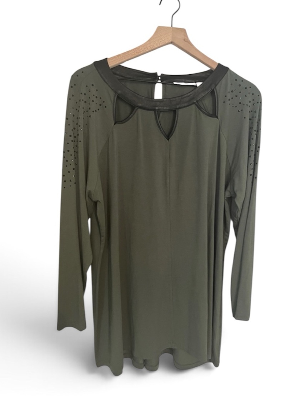 Belle Susan Gravel Olive Green Embellished Cut Out Faux Leather Trim Tunic Top
